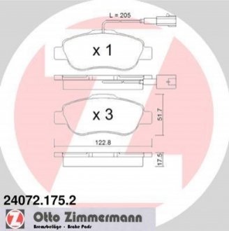 Колодки тормозные (передние) Fiat Panda 03-/500/500C 07-/Ford Ka II 08-16 ZIMMERMANN 24072.175.2