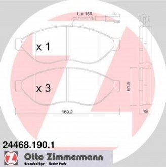 Колодки гальмівні (передні) Citroen Jumper/Fiat Ducato/Peugeot Boxer 06- (Brembo) (з датчиком) ZIMMERMANN 24468.190.1 (фото 1)