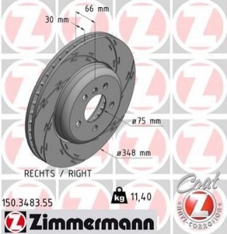 Диск тормозной (передний) BMW 5 (F10/F11)/6 (F12/F13)/7 (F01-04) 11- (348x30) ZIMMERMANN 150.3483.55