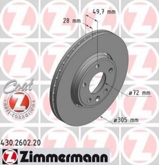 Диск тормозной (передний) Renault Trafic/Opel Vivaro/Nissan Primastar 01- (305x28) ZIMMERMANN 430.2602.20