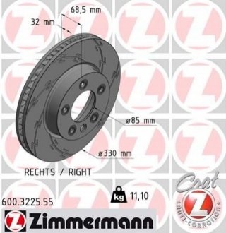 Диск тормозной (передний) Porsche Cayenne/VW Touareg 02- (330x32) (R) ZIMMERMANN 600.3225.55