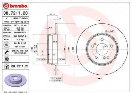 Диск тормозной (задний) MB C-class (W202/W203)/E (W210/W124)/CLK/SLK 93-11 (290x10) BREMBO 08.7211.21