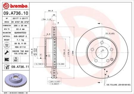 Диск тормозной (передний) MB C-class (W204/S204) 07-14 (288x25) BREMBO 09.A736.11 (фото 1)