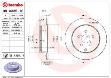 Диск тормозной (задний) Totota Avensis 03-08 (280x10) BREMBO 08.A335.10