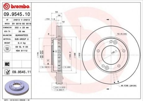 Диск тормозной (передний) Kia Sorento 02- (302x28) BREMBO 09.9545.10