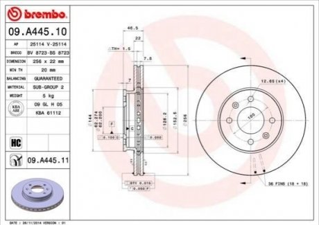 Диск тормозной (передний) Hyundai Accent III 05-10/Kia Rio II 05- (256x22) BREMBO 09.A445.10 (фото 1)