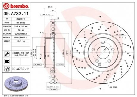 Диск тормозной (передний) MB S-class (W221) 05-13 (334.9x32) BREMBO 09.A732.11 (фото 1)