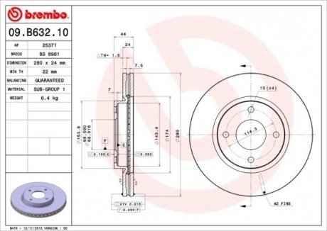 Диск тормозной (передний) Nissan Cube/Tiida 06-13 (280x24) BREMBO 09.B632.10 (фото 1)