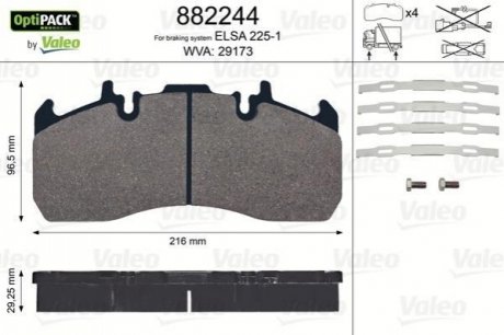 Колодки гальмівні, з монтажним комплектом WVA 293173 Valeo 882244