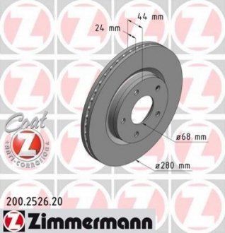 Диск тормозной (передний) Nissan Juke/Tiida 10- (280x24) ZIMMERMANN 200.2526.20