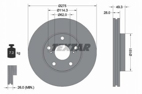 Диск тормозной (передний) Toyota Camry 2.2-3.0 91-06 (275x28) TEXTAR 92077703 (фото 1)