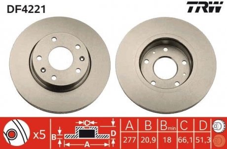 Диск тормозной (передний) Land Rover Freelander I 98-06 (277x21) (с покрытием) (вентилируемый) TRW DF4221 (фото 1)