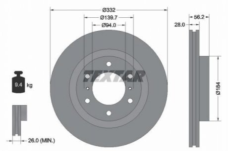 Диск тормозной (передний) Mitsubishi Pajero IV 07- (332x28) TEXTAR 92167203 (фото 1)