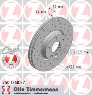 Диск тормозной (передний) Ford Mondeo/Galaxy 07-15/Range Rover/Volvo S60 11-(300x28) ZIMMERMANN 250.1360.52