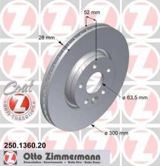 Диск тормозной (передний) Ford Mondeo/Galaxy 07-15/Range Rover/Volvo S60 11-(300x28) ZIMMERMANN 250.1360.20