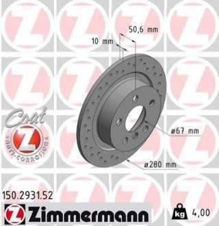 Диск тормозной (задний) BMW 2 (F44-46)/X1 (F48) /i3 Hybrid 13- (280x10) ZIMMERMANN 150.2931.52