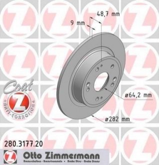 Диск тормозной (задний) Honda Accord VIII 08- (282x9) ZIMMERMANN 280.3177.20 (фото 1)