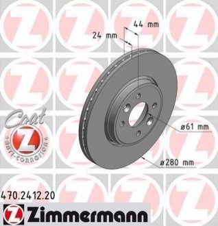 Диск тормозной (передний) Renault Kangoo/Megane/Scenic/Clio 99-/Laguna 95-01 (280x24) ZIMMERMANN 470.2412.20