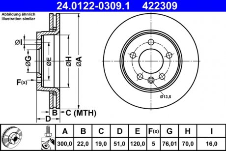Диск тормозной (задний) VW Crafter 2.0TDI 16- (300x22) ATE 24.0122-0309.1 (фото 1)