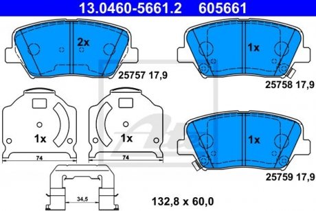 Колодки тормозные (передние) Hyundai Santa Fe 10-/Creta 16-/Grandeur 11-/Kia Sorento 09-/Carens 13- ATE 13.0460-5661.2