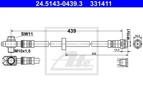 Шланг тормозной (передний) VW Golf IV 1.4-2.3 TDI/FSI/SDI 97-06 (465mm) ATE 24.5143-0439.3 (фото 1)