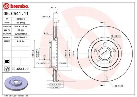 Диск тормозной (передний) Ford Kuga/Transit Connect 13- (300x25) BREMBO 09.C541.11