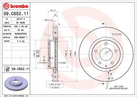 Диск тормозной (передний) Mazda 3 1.5D/2.0/2.2D 13-/CX-3 15- (295x25) BREMBO 09.C652.11