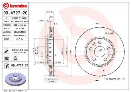 Диск тормозной (передний) Renault Kangoo Express/Kangoo 08-/MB Citan 12- (280x24) BREMBO 09.A727.21 (фото 1)