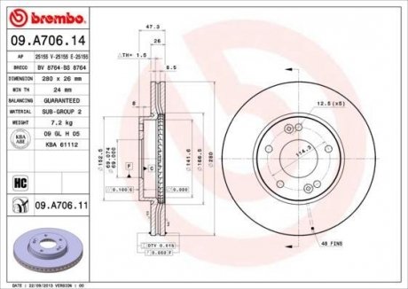 Диск тормозной (передний) Kia Carens 05- (280x26) BREMBO 09.A706.11 (фото 1)