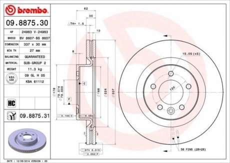 Диск тормозной (передний) Land Rover Discovery/Range Rover Sport 04-13 (337x30) BREMBO 09.8875.31 (фото 1)