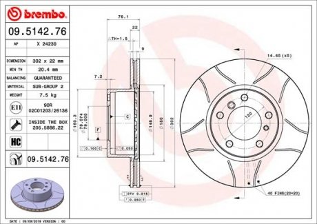 Диск тормозной (передний) BMW 5 (E34) -97 (302x22.4) BREMBO 09.5142.76