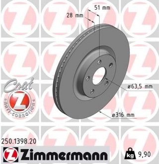 Диск тормозной (передний) Ford Galaxy/S-Max 15- (316x28) ZIMMERMANN 250.1398.20