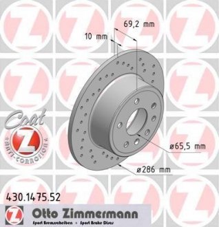 Диск тормозной (задний) Opel Vectra B 95-02 (286х9.9) ZIMMERMANN 430.1475.52 (фото 1)