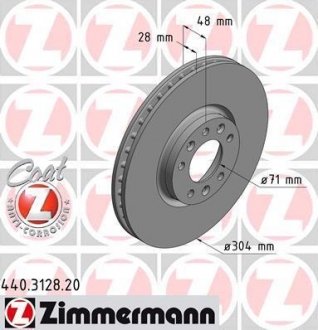 Диск тормозной (передний) Citroen Picasso II/ Peugeot 308/5008 13-/Opel Combo 18- (304x28) ZIMMERMANN 440.3128.20