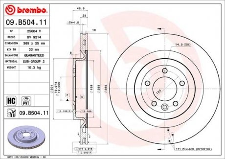 Диск тормозной (задний) Land Rover Range Rover 12- (365x25) BREMBO 09.B504.11 (фото 1)