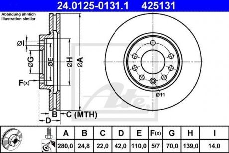 Диск гальмівний (передній) Opel Combo 04- (280x25) (з покриттям) (вентил.) ATE 24.0125-0131.1 (фото 1)