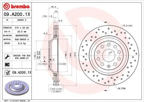 Диск гальмівний BREMBO 09.A200.1X (фото 1)