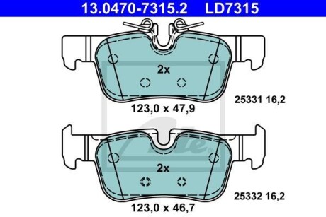 Колодки гальмівні (задні) BMW 2 (F44/46)/ i3 (I01)X1 (F48)/X2 (F39)/ Mini Clubman (F54) 13- Ceramic ATE 13.0470-7315.2