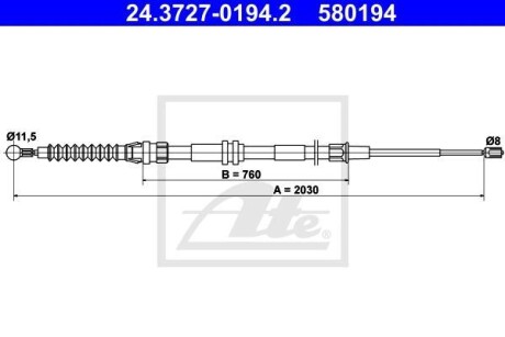 Трос ручника (задній) VW Caddy 98- (длинная база) (L=2030mm) ATE 24.3727-0194.2